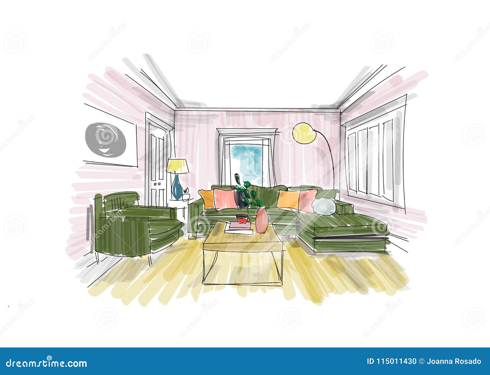 Interior Design Sketch Hand Drawn Vector Illustration Of