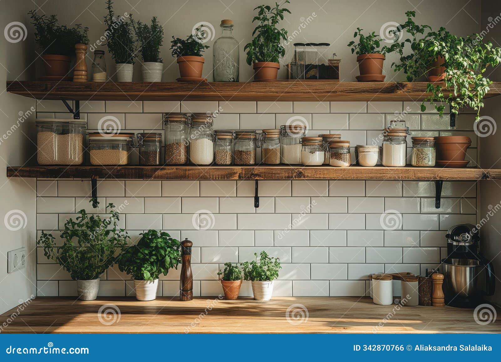 interior  style, simple kinfolk-inspired kitchen featuring open wooden shelves, white subway tiles, and fresh