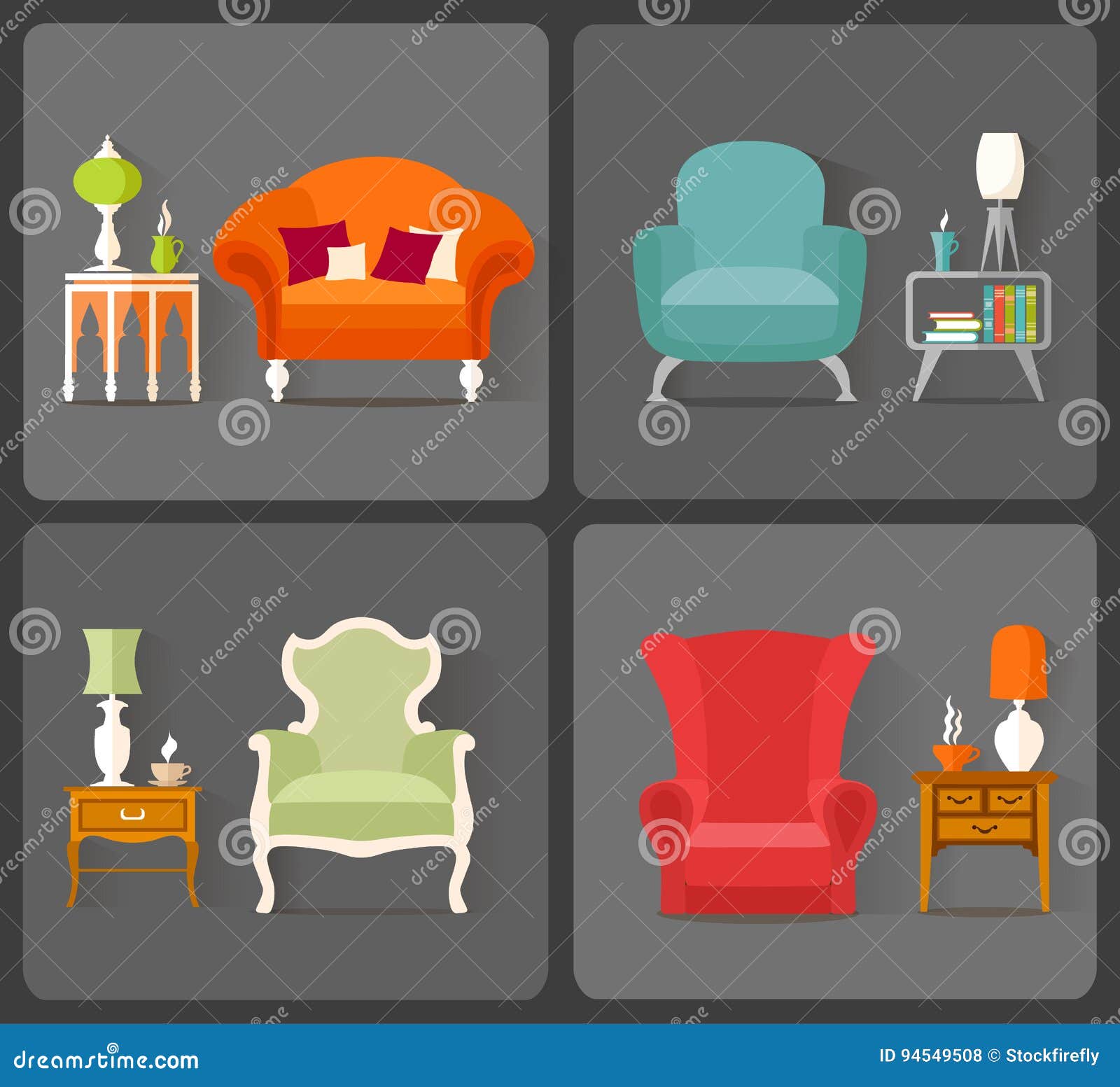 Interior Design Vector Icons With The Image Of Furniture In