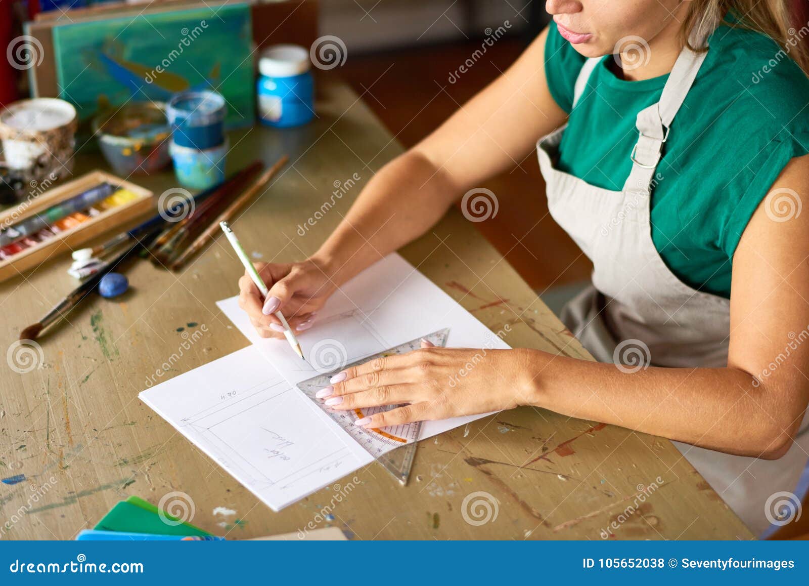 Interior Designer Sketching Plans in Workshop Stock Photo - Image of ...