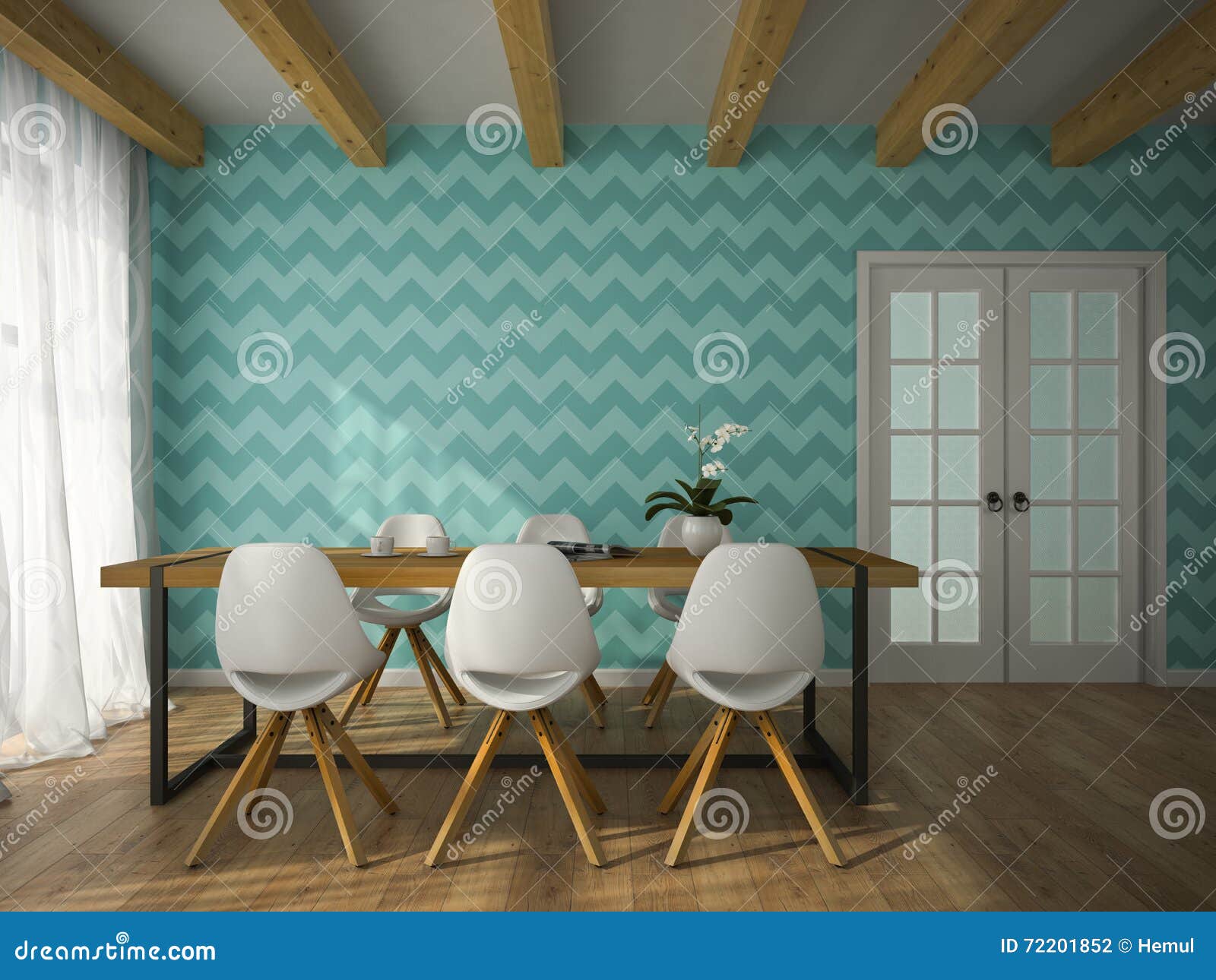 Interior of Dining Room with Blue Wallpaper 3D Rendering Stock