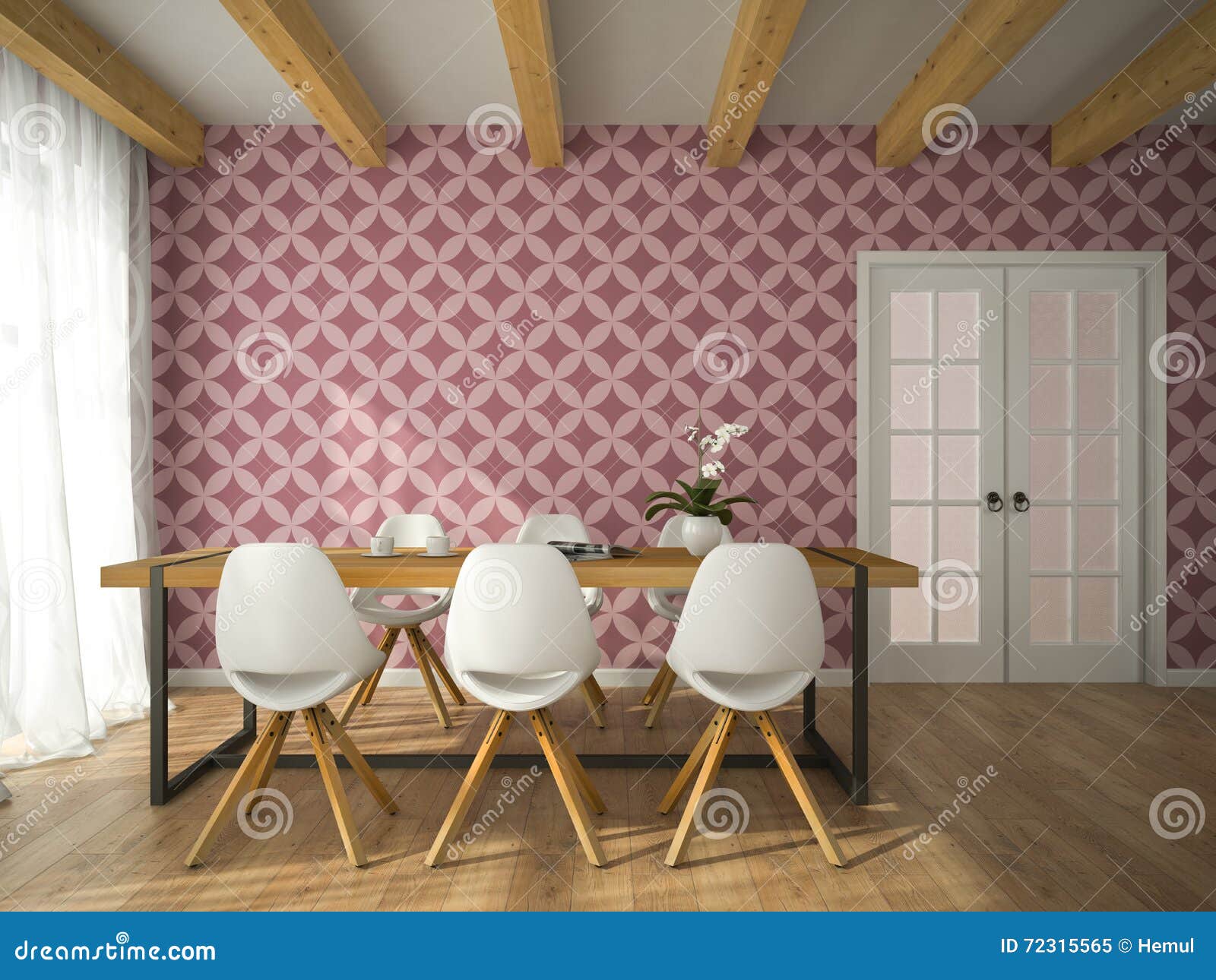 interior of dining room with vinous wallpaper 3d rendering