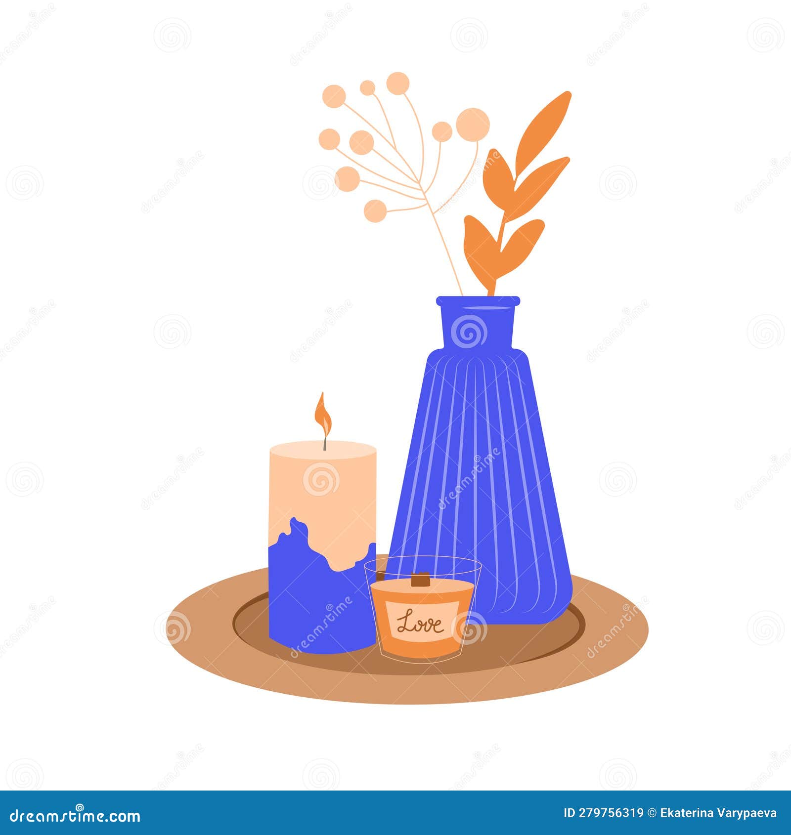 Interior Elements, Candles, Aromatherapy, Leaves in Vase. Decorative