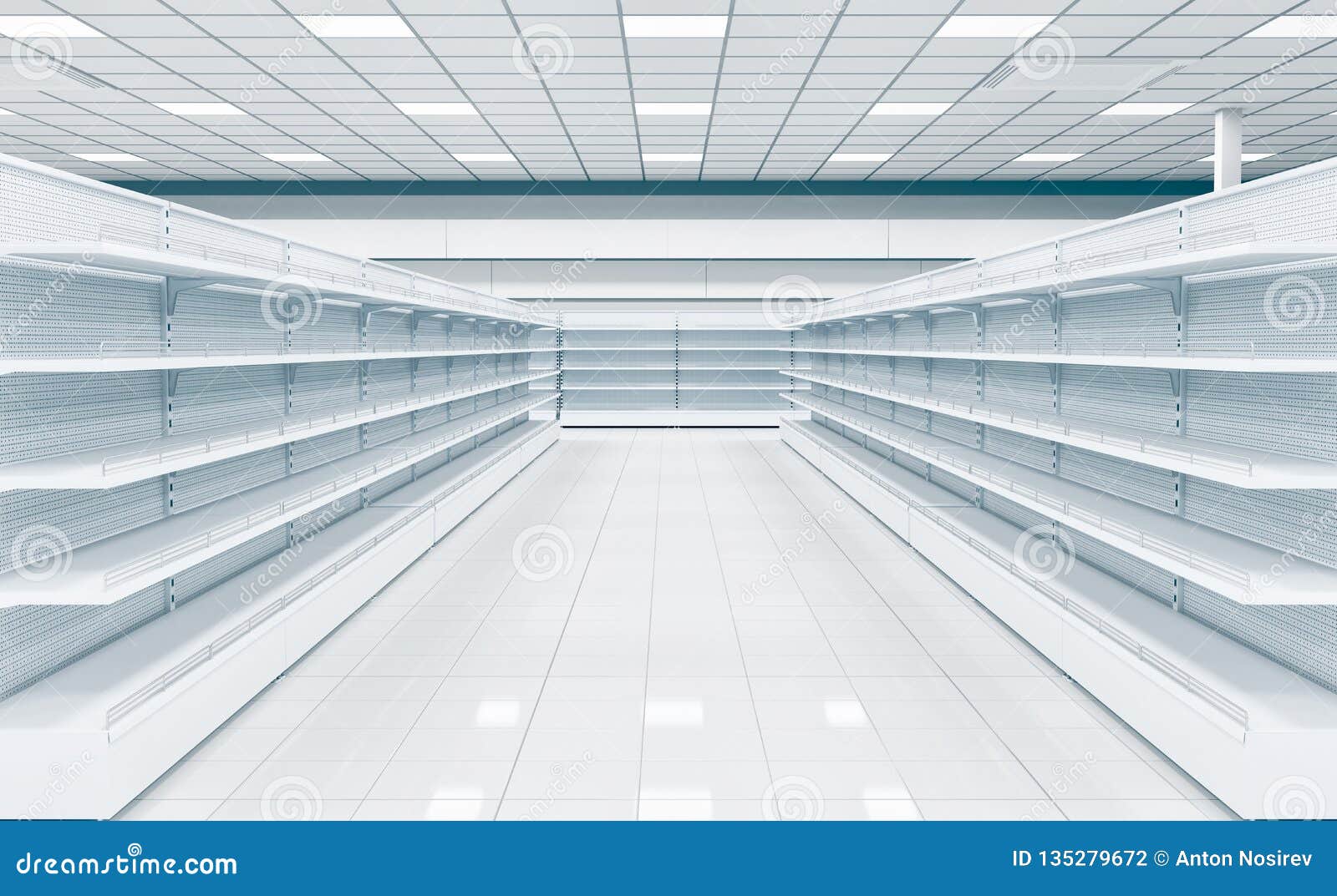 interior empty supermarket with showcases freezer.