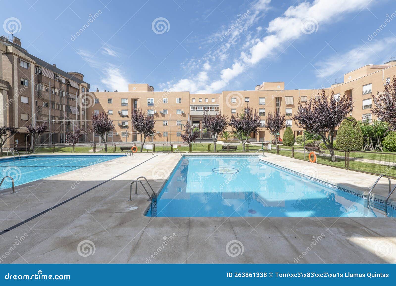 interior facades of a block patio of residential buildings with gardens and summer swimming pools with gardens and decorative