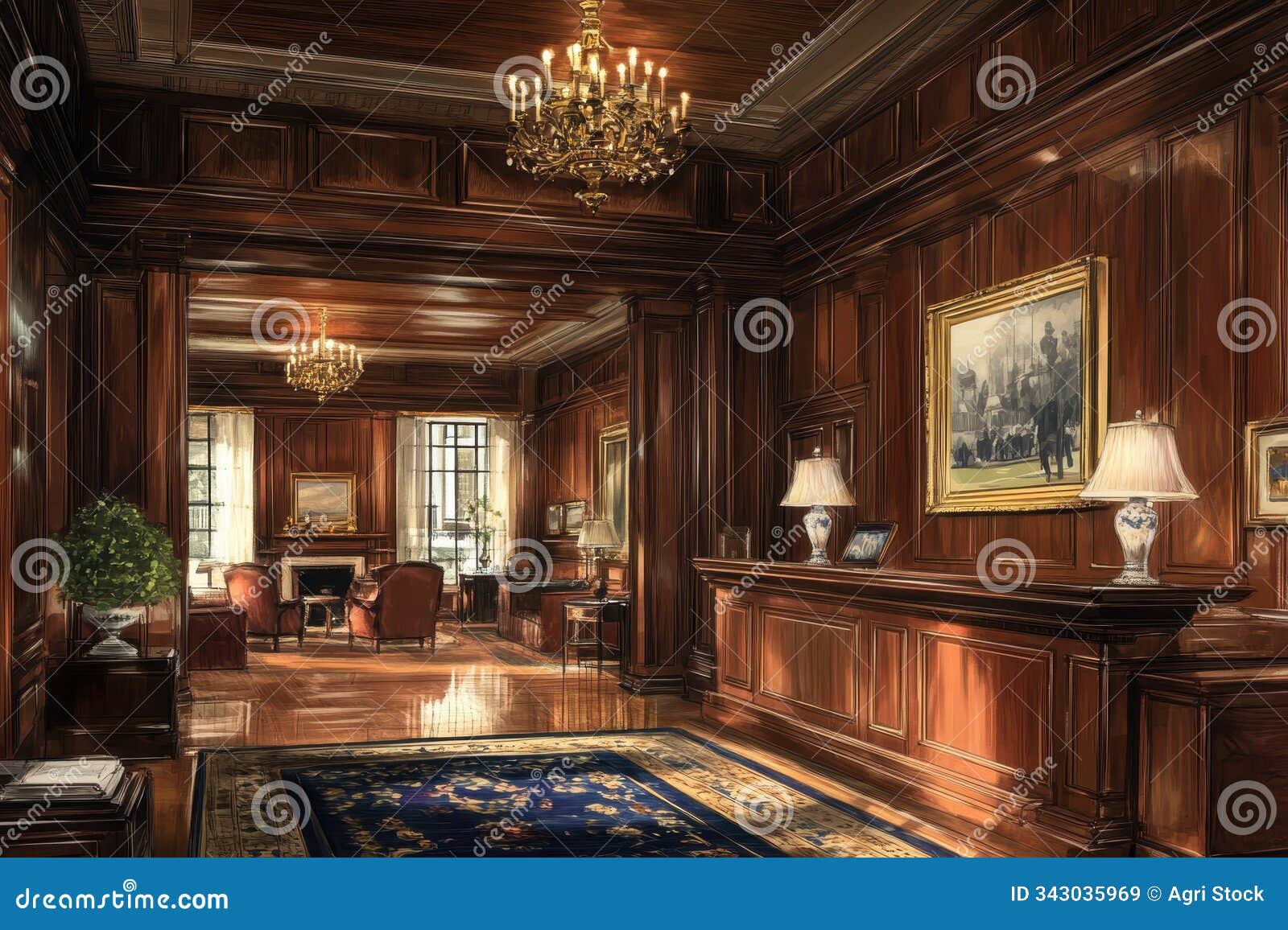 interior of a grand wood-paneled room with a view and a chandelier