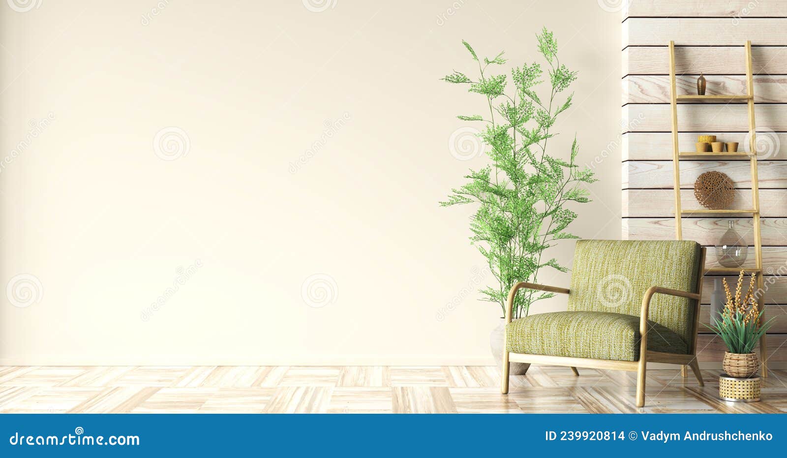 interior with green armchair and ladder shelf in modern living room with wooden panelling and mockup wall, home  3d