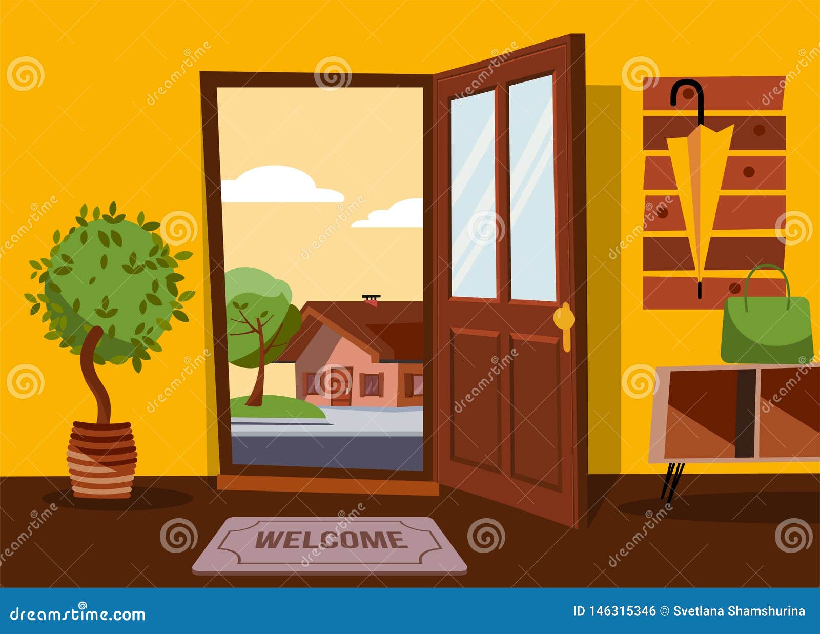 The Interior of Hallway in Flat Cartoon Style with Open Door Overlooking  Summer Landscape with Small Country House and Green Tree. Stock  Illustration - Illustration of furniture, background: 146315346