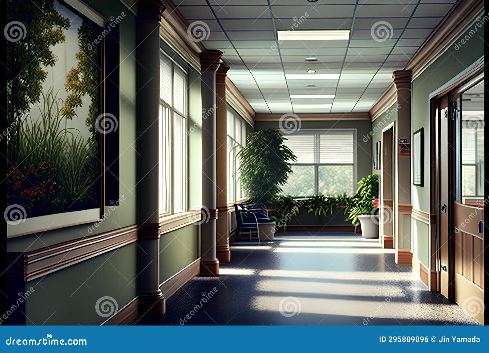 Interior of a Hospital Corridor with Green Walls and Big Windows. Stock Illustration