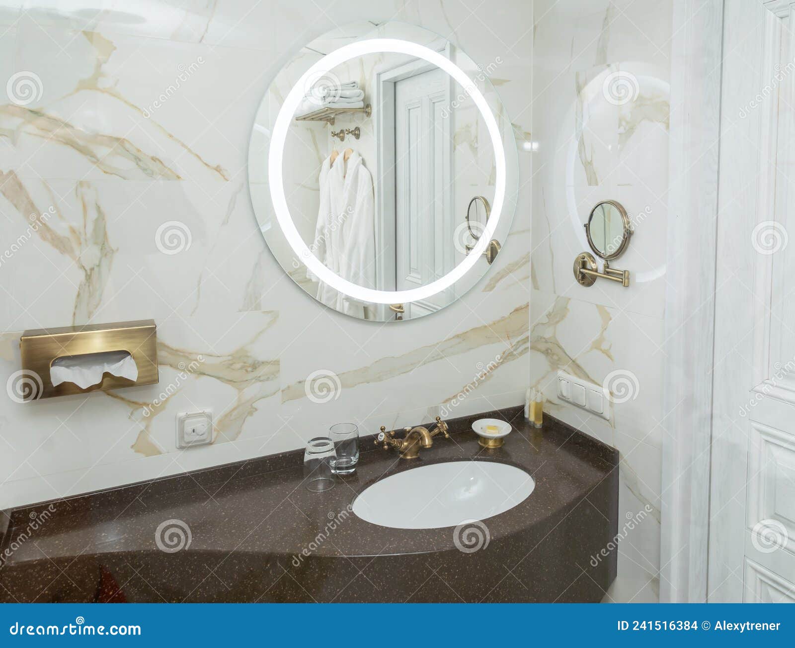 Interior of a Hotel Bathroom with Mirror Stock Photo - Image of faucet, luxury: 241516384