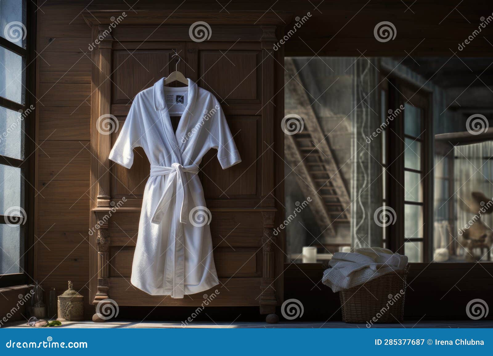 Interior of Hotel Room with Bathrobe Hanging Stock Illustration