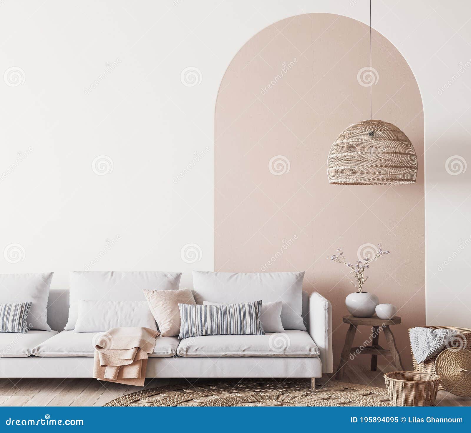 Interior House with Simple White Background Mockup. White Sofa and Natural  Wooden Furniture Stock Illustration - Illustration of home, peach: 195894095