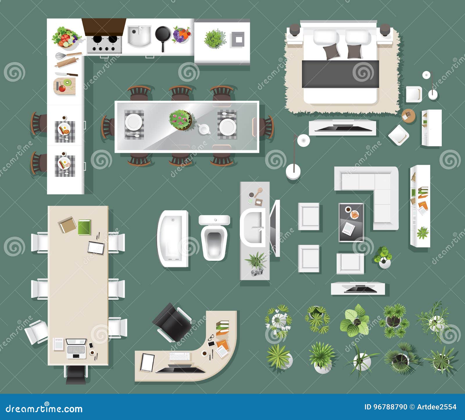 interior icons top view, tree ,furniture, bed,sofa, armchair