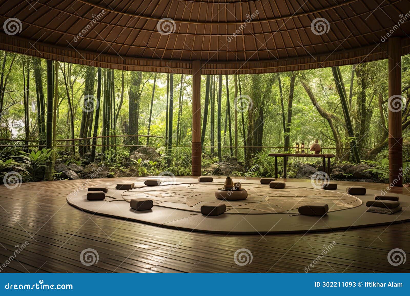 interior of a japanese garden with bamboo roof. 3d rendering, ai generated