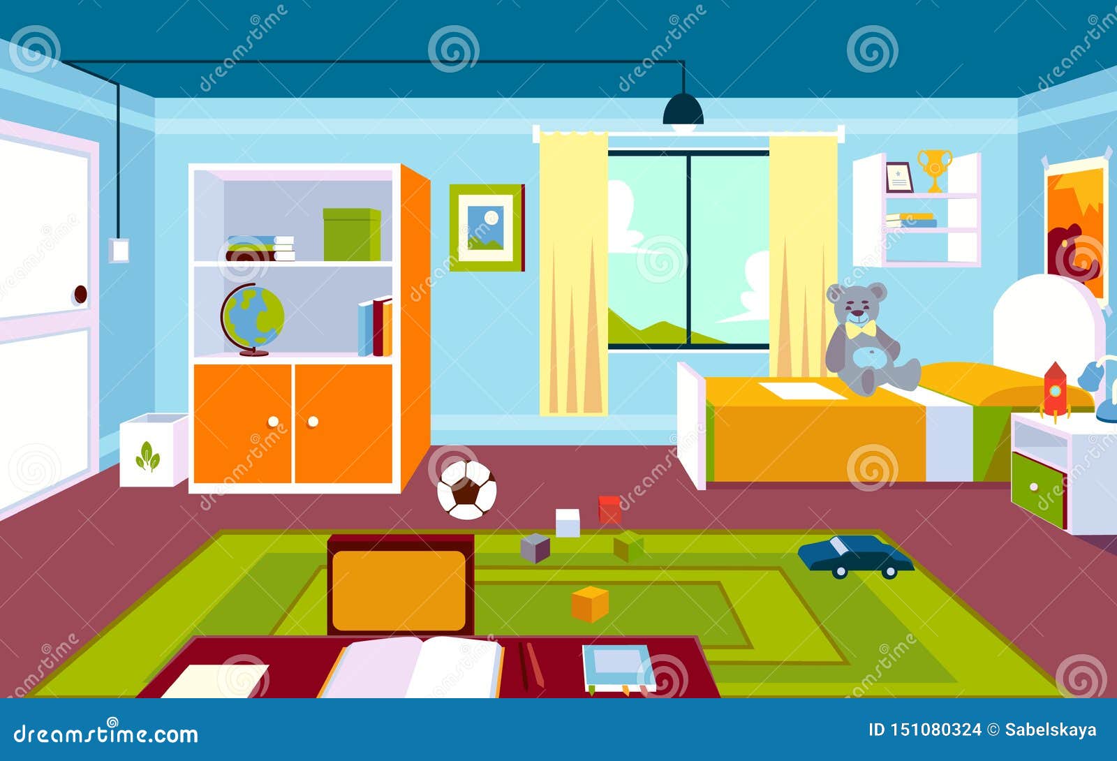 Interior Of The Kids Room In The Home In A Cartoon Style Stock Vector