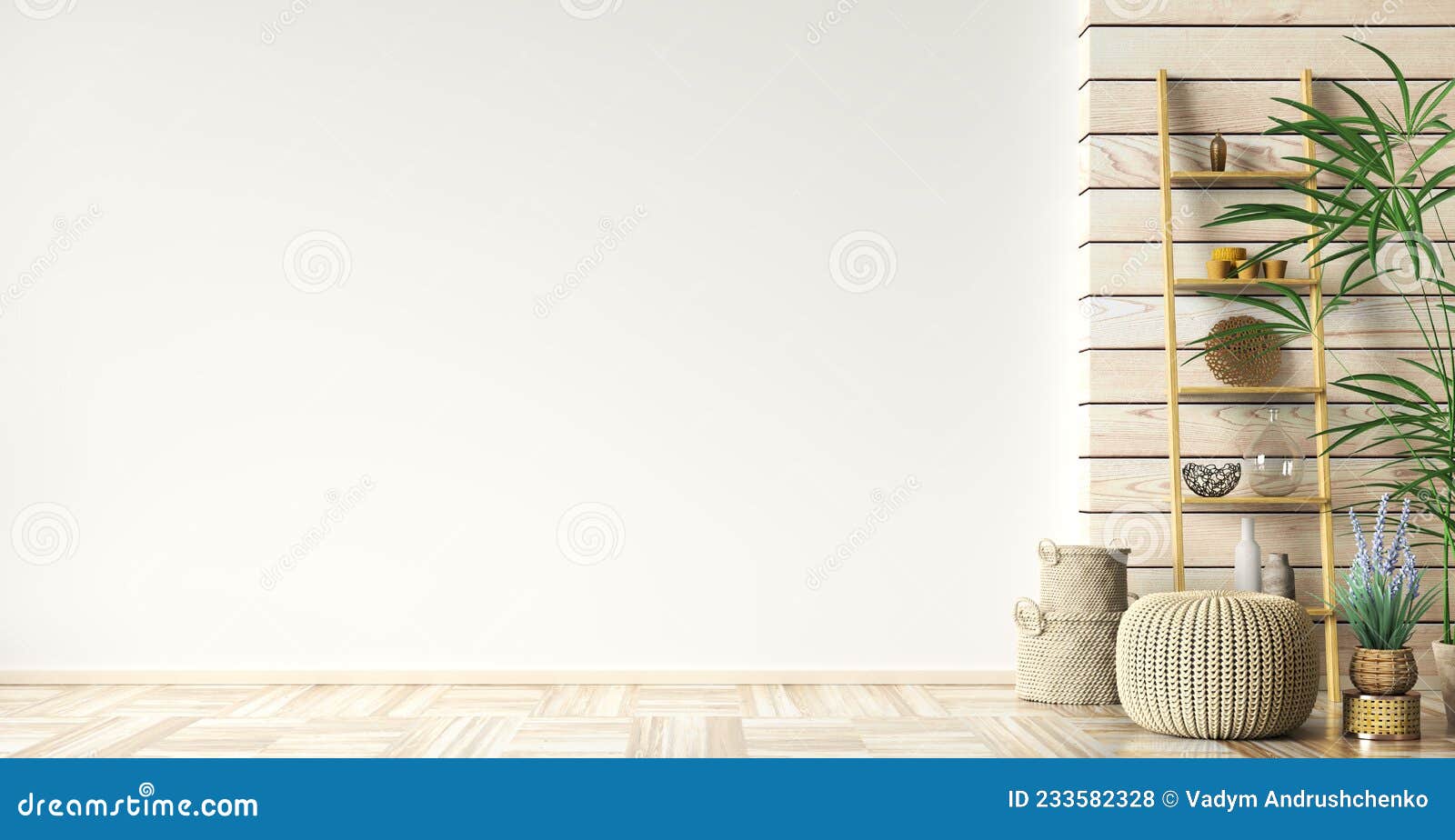 interior with knitted ottoman and ladder shelf in modern living room with wooden panelling and empty mockup wall, home  3d