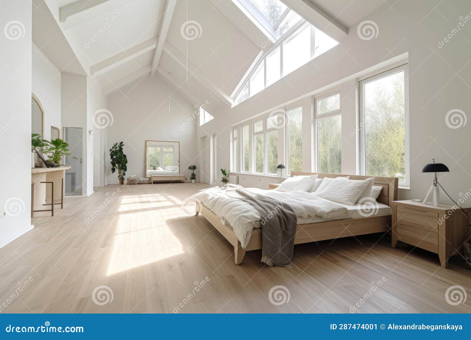 The Interior of a Large Modern Bright Bedroom with a High Ceiling Stock