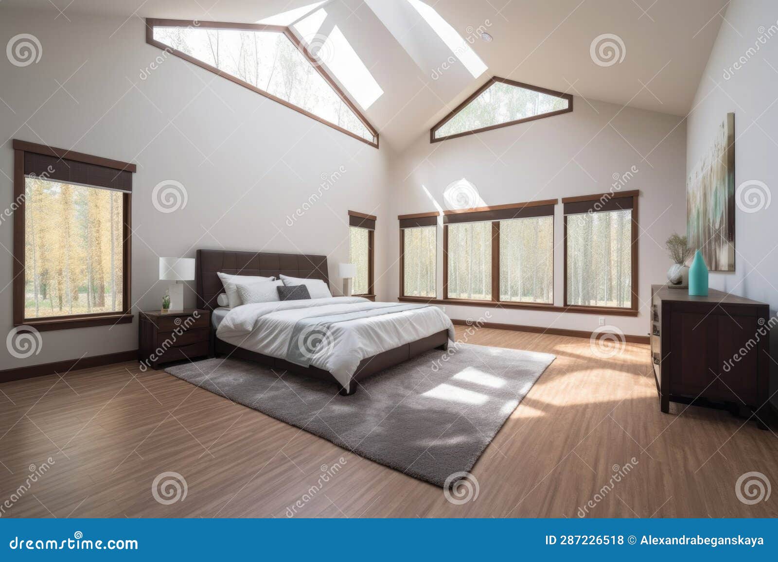 The Interior of a Large Modern Bright Bedroom with a High Ceiling Stock
