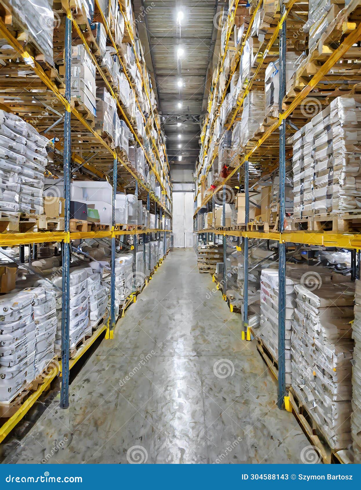 interior of a large warehouse with shelves full of products. generative ai