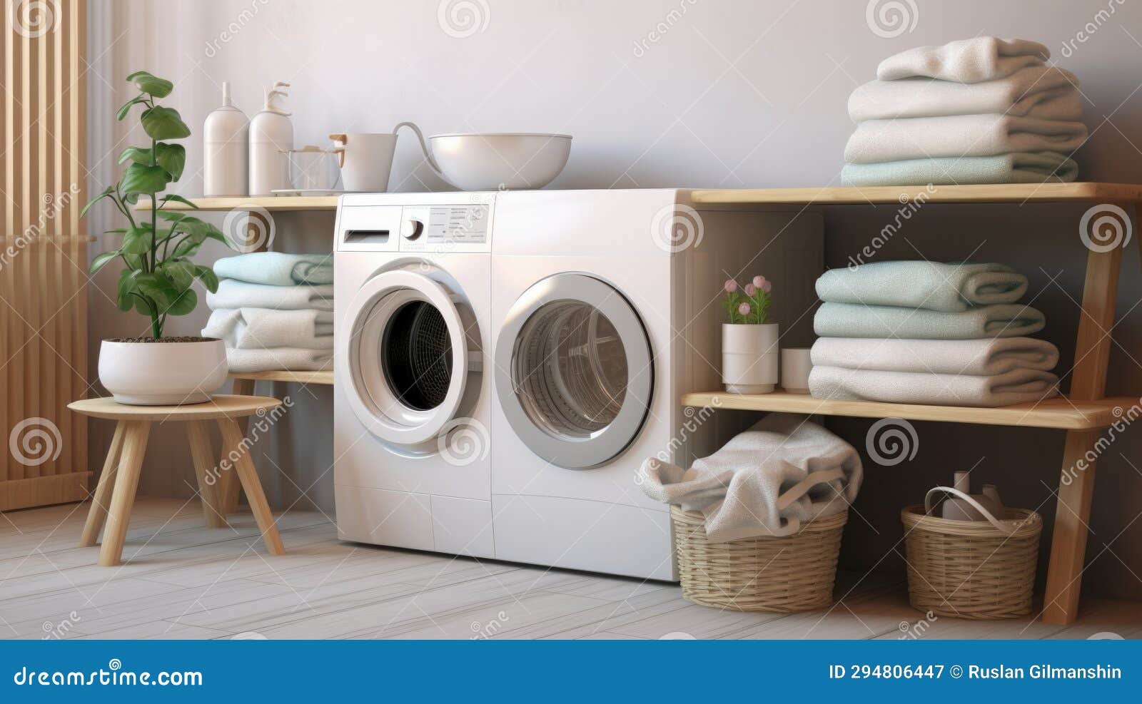 Interior of Laundry Room with Washing Machine, Basket and Rack Stock