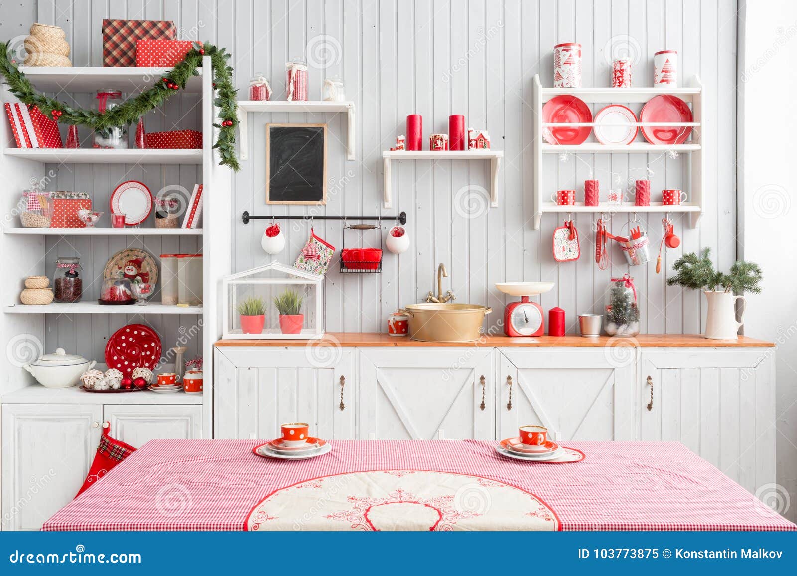 Interior Light Grey Kitchen and Red Christmas Decor. Preparing ...