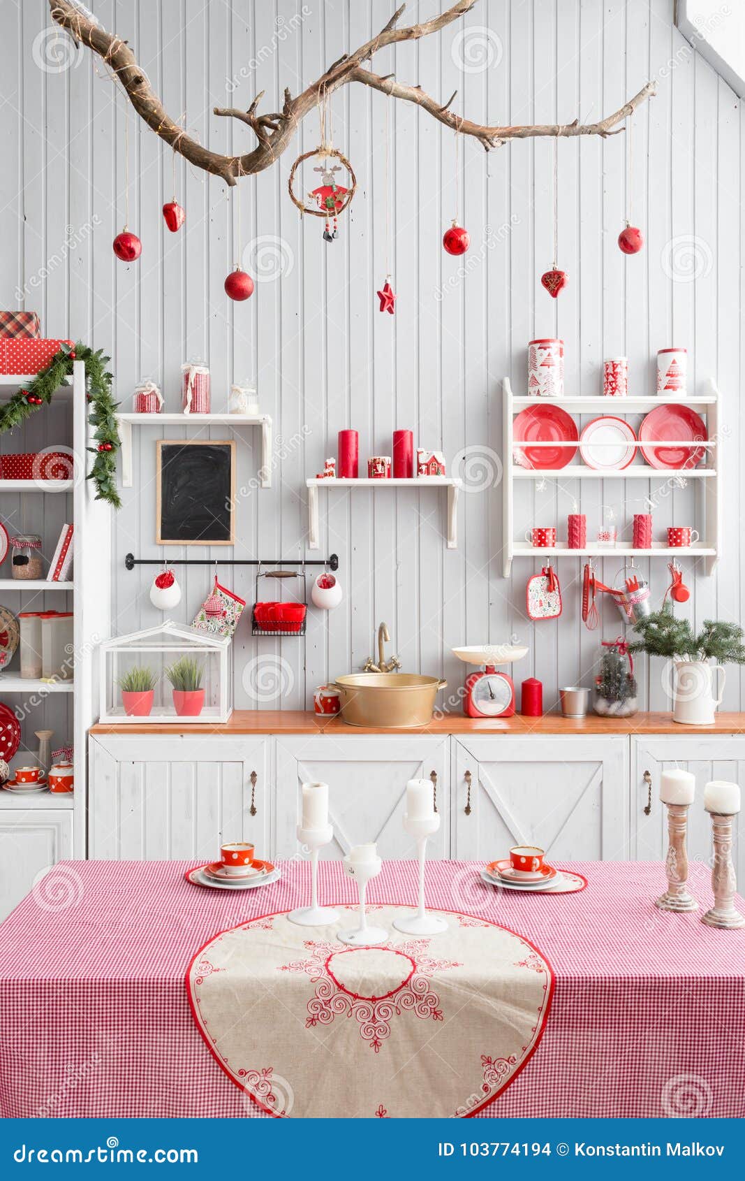 Interior Light Grey Kitchen And Red Christmas Decor Preparing