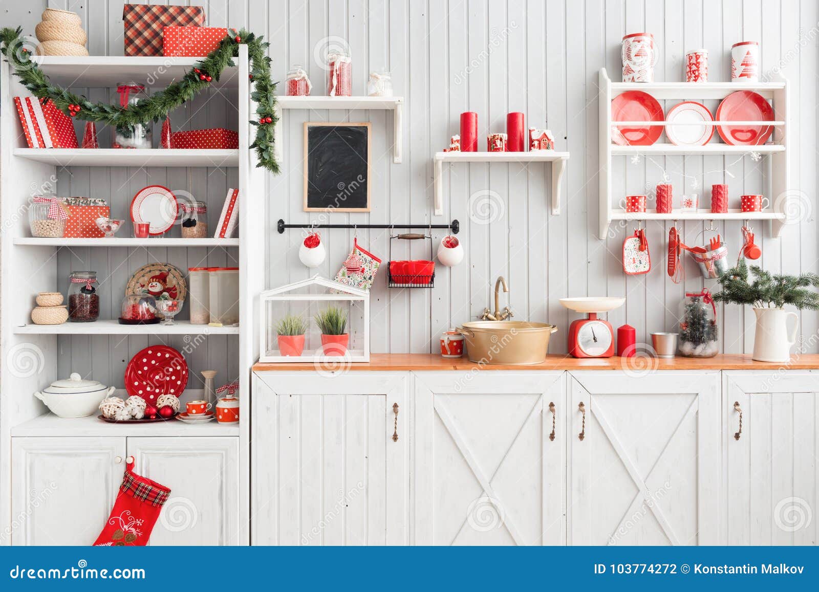 Interior Light Grey Kitchen and Red Christmas Decor. Preparing ...