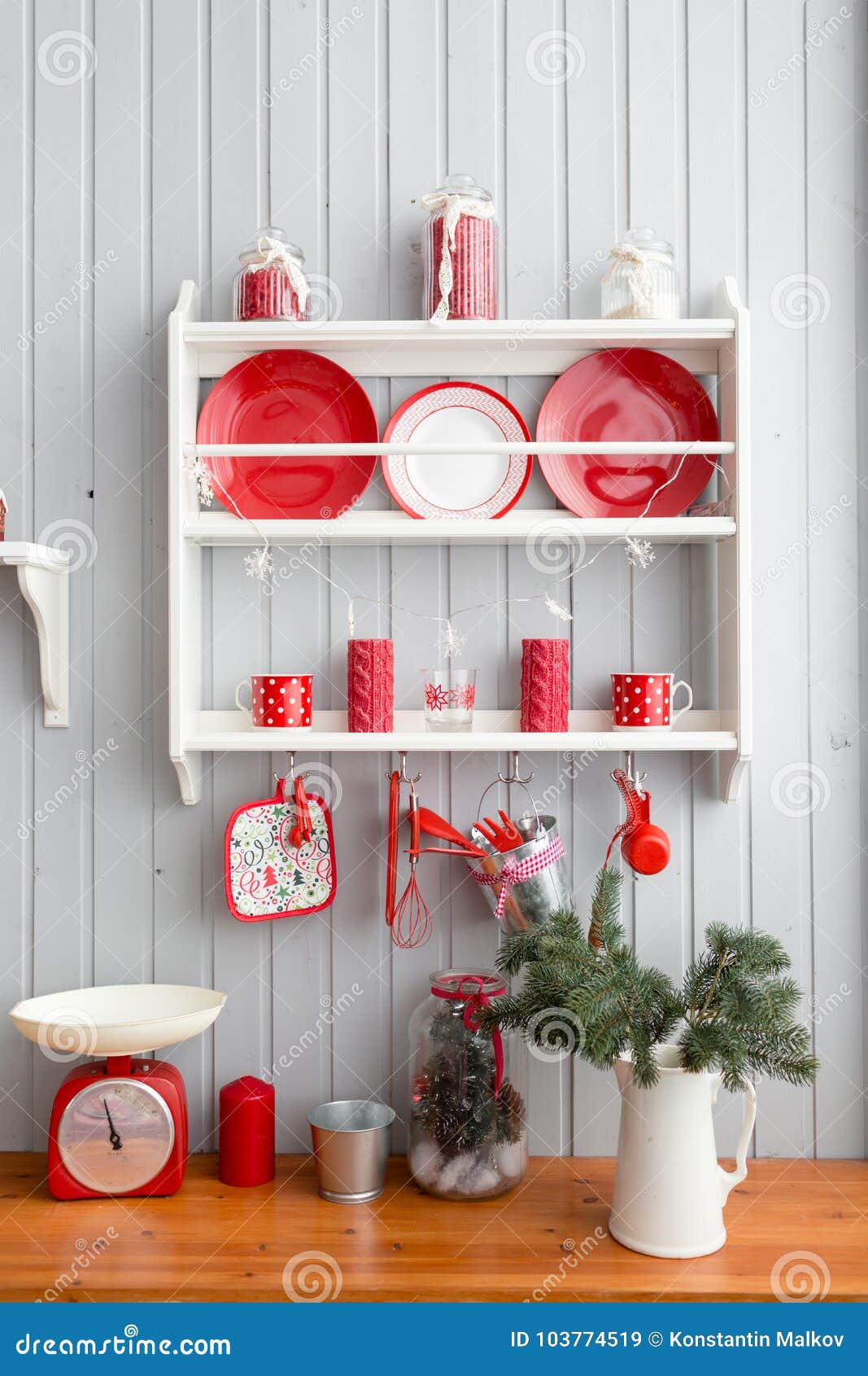 Shelves with Dishes. Interior Light Grey Kitchen and Red Christmas ...