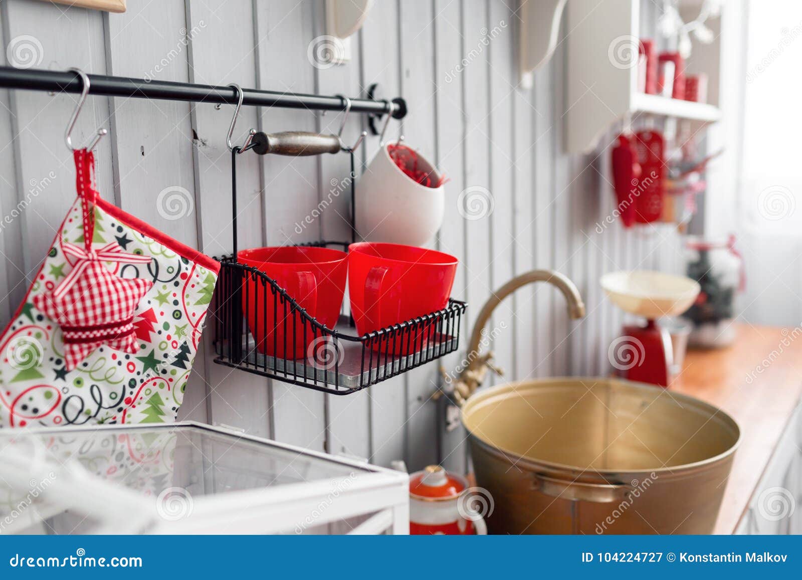 Shelves With Dishes Interior Light Grey Kitchen And Red Christmas