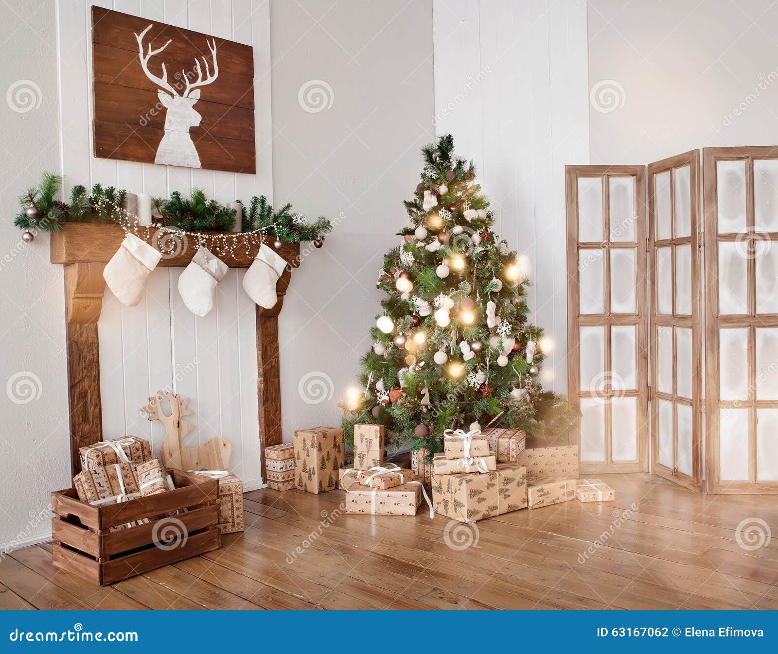 Interior Living Room  With A Christmas Tree  And Gifts 