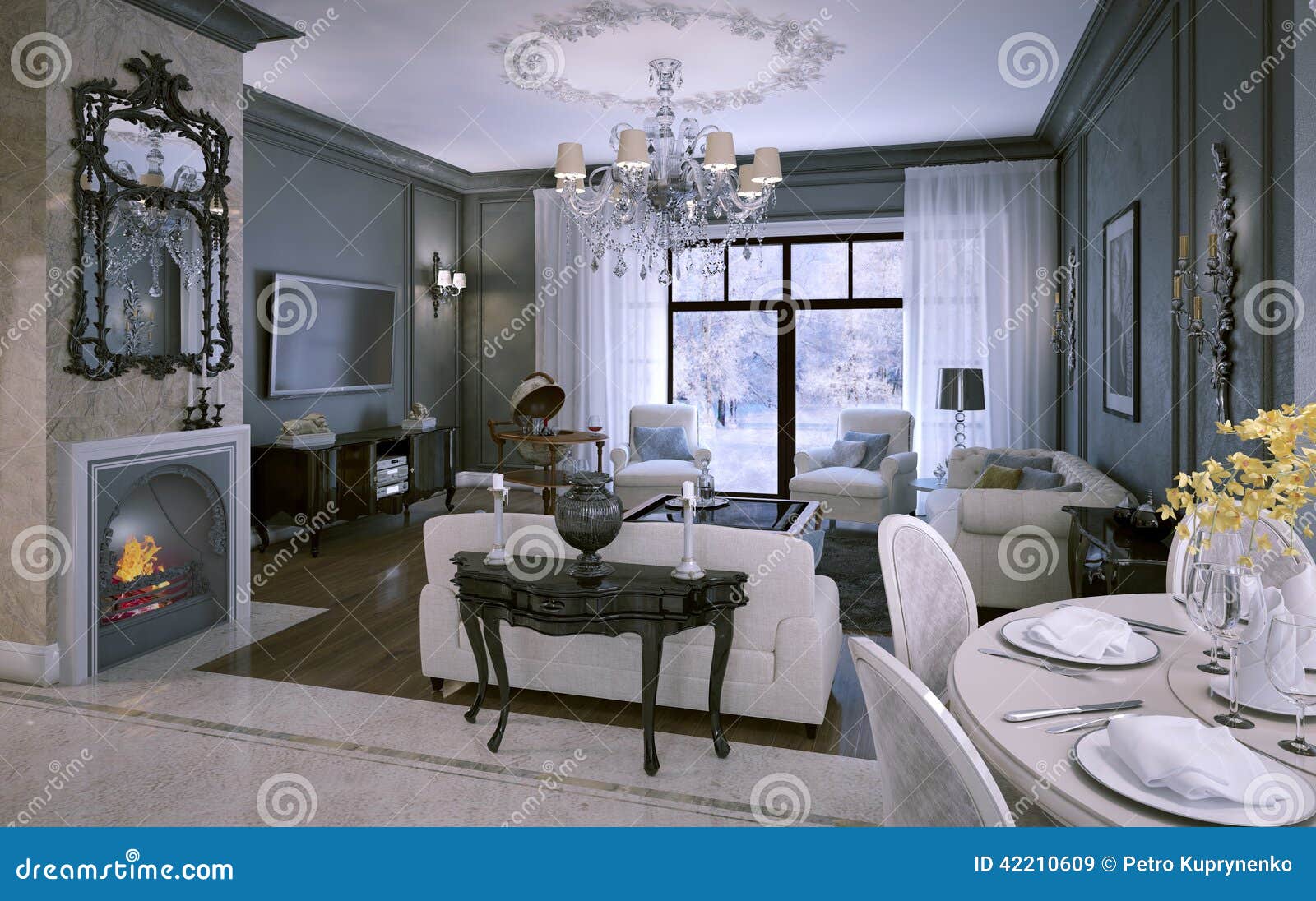 Interior Living Room in Classic Style Stock Illustration Illustration