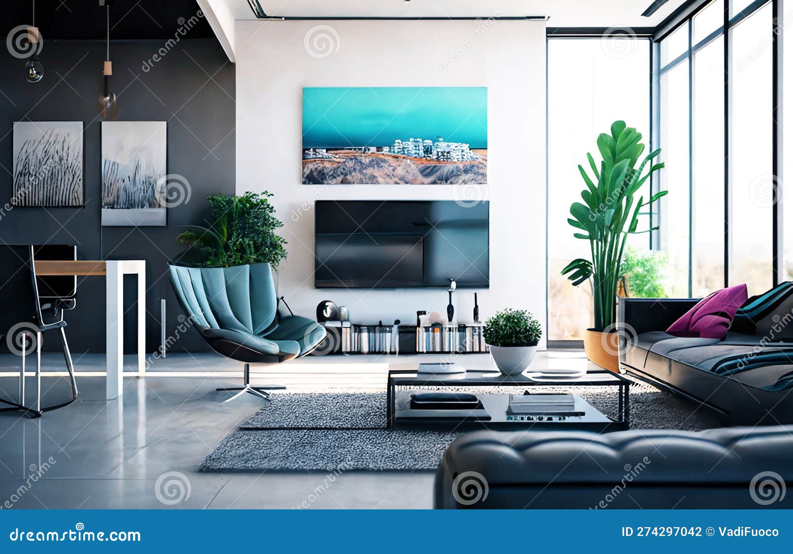 Interior of the Living Room in Grayblue Tones Stock Illustration