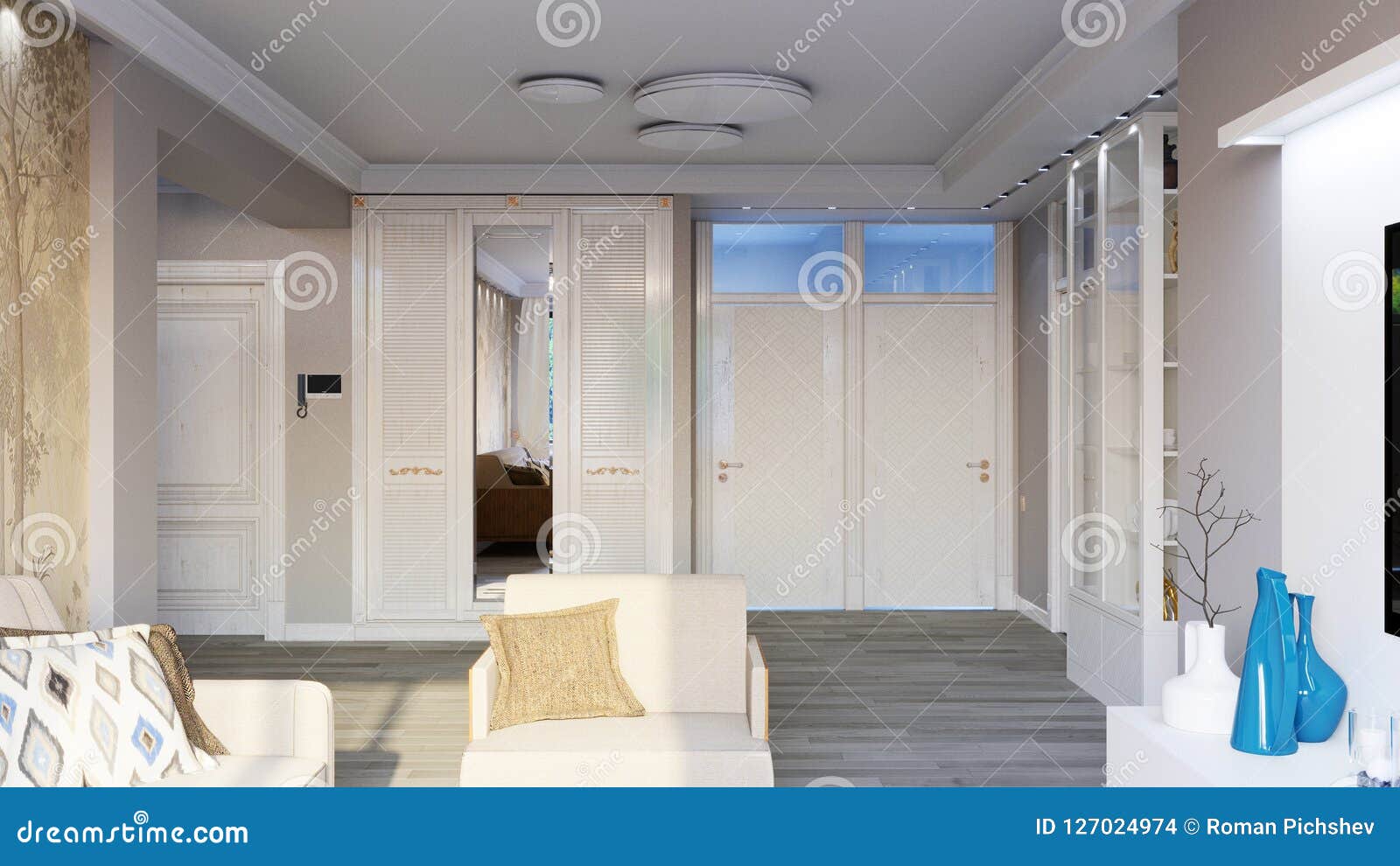 Interior of the Living Room in Gray Tones 3D Illustration Stock