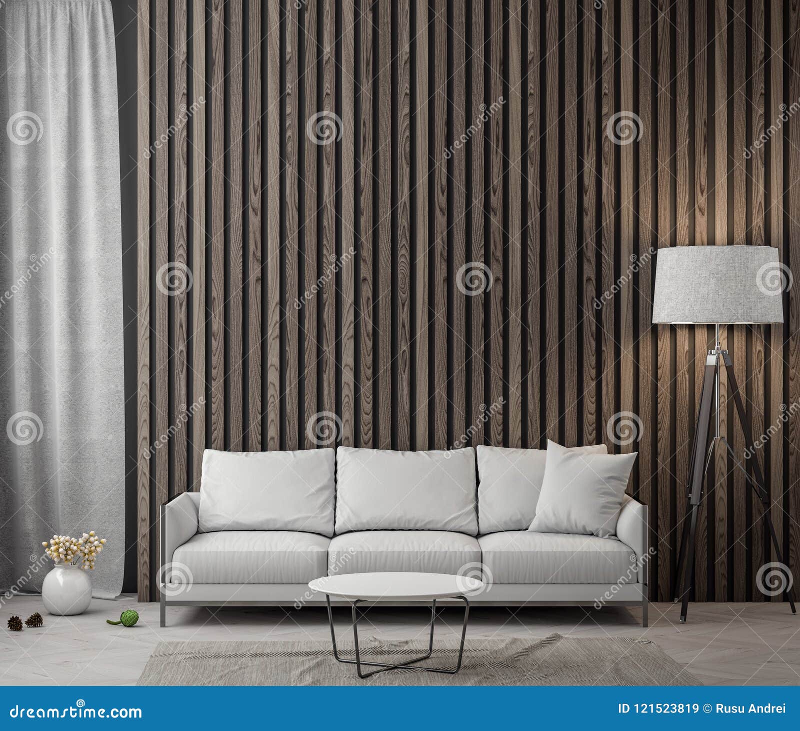 Interior of Living Room with Wood Planks Wall, 3D Rendering Stock Image