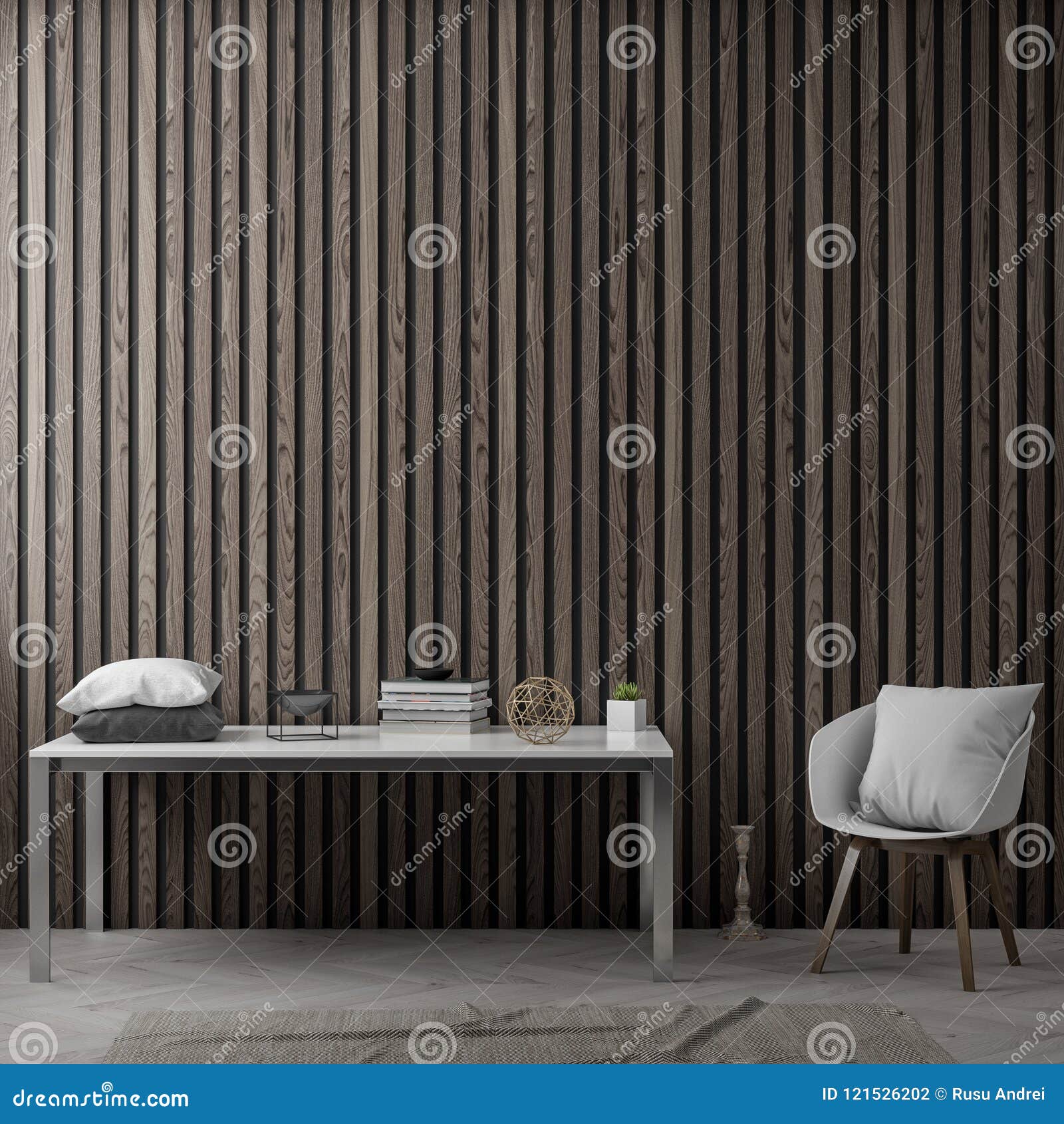 Interior of Living Room with Wood Planks Wall, 3D Rendering Stock Photo
