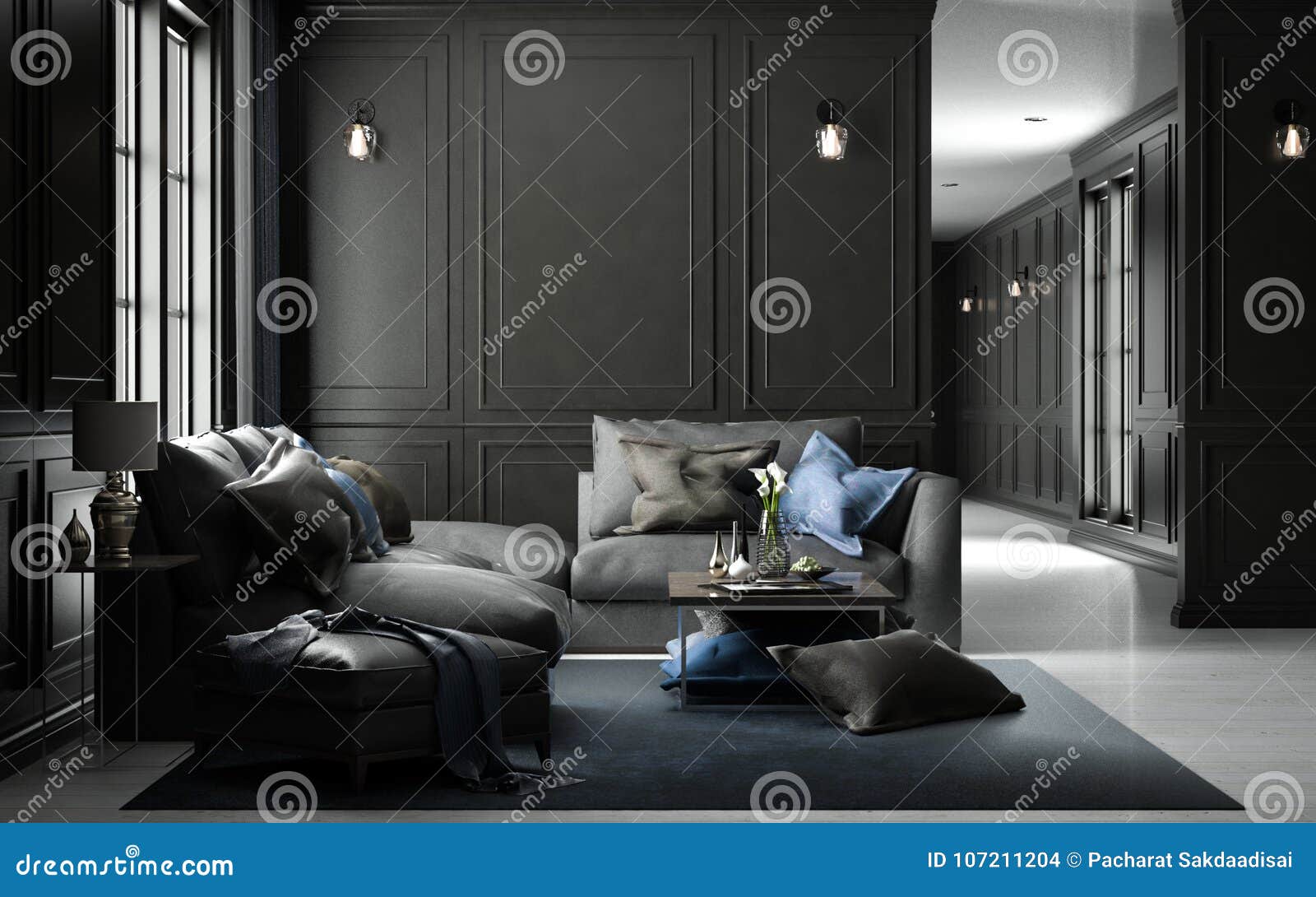 interior living studio mock-up, black classic style, 3d rendering, 3d 