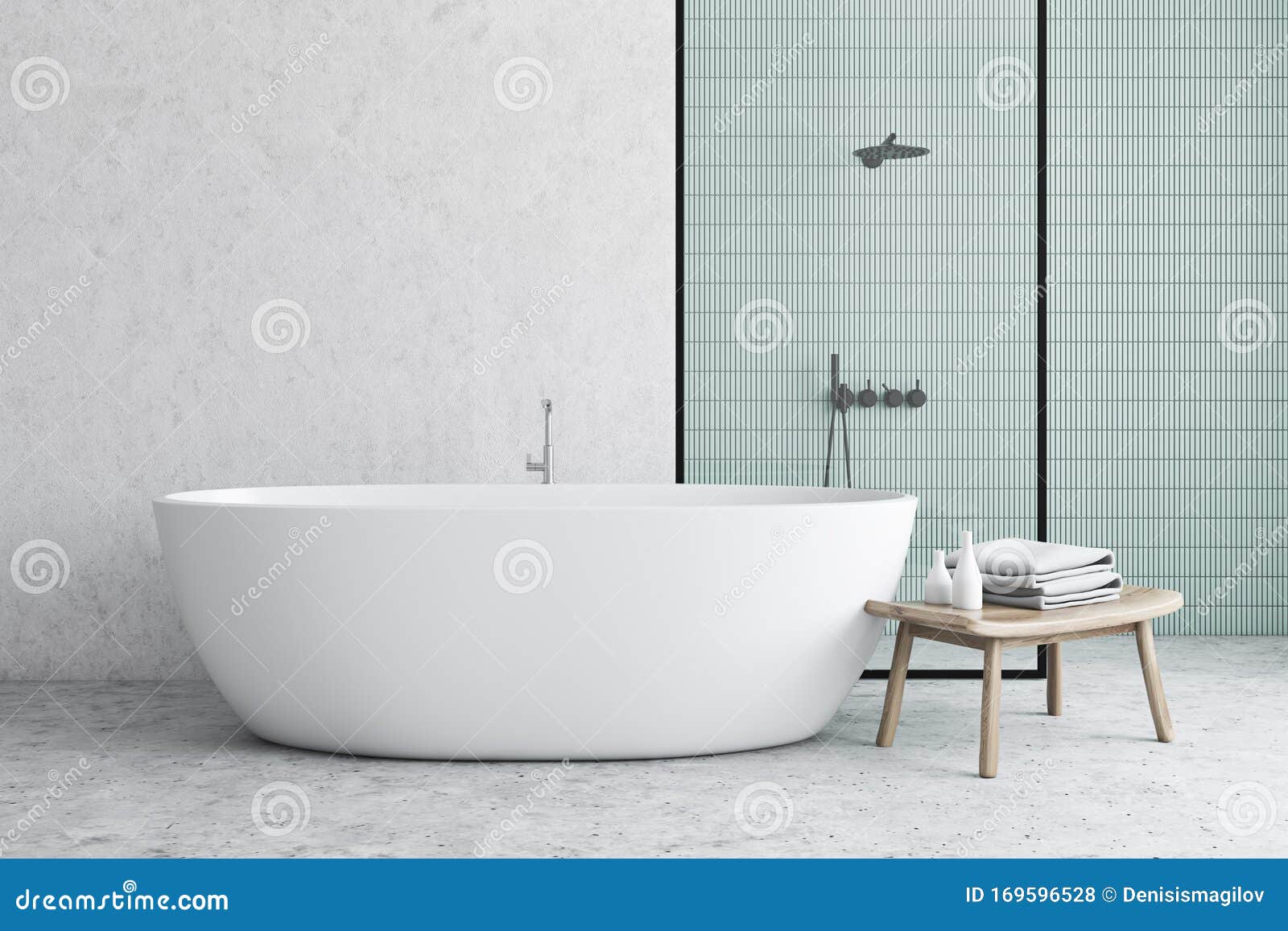 Blue And White Bathroom With Tub And Shower Stock Illustration Illustration Of Indoors Freestanding 169596528