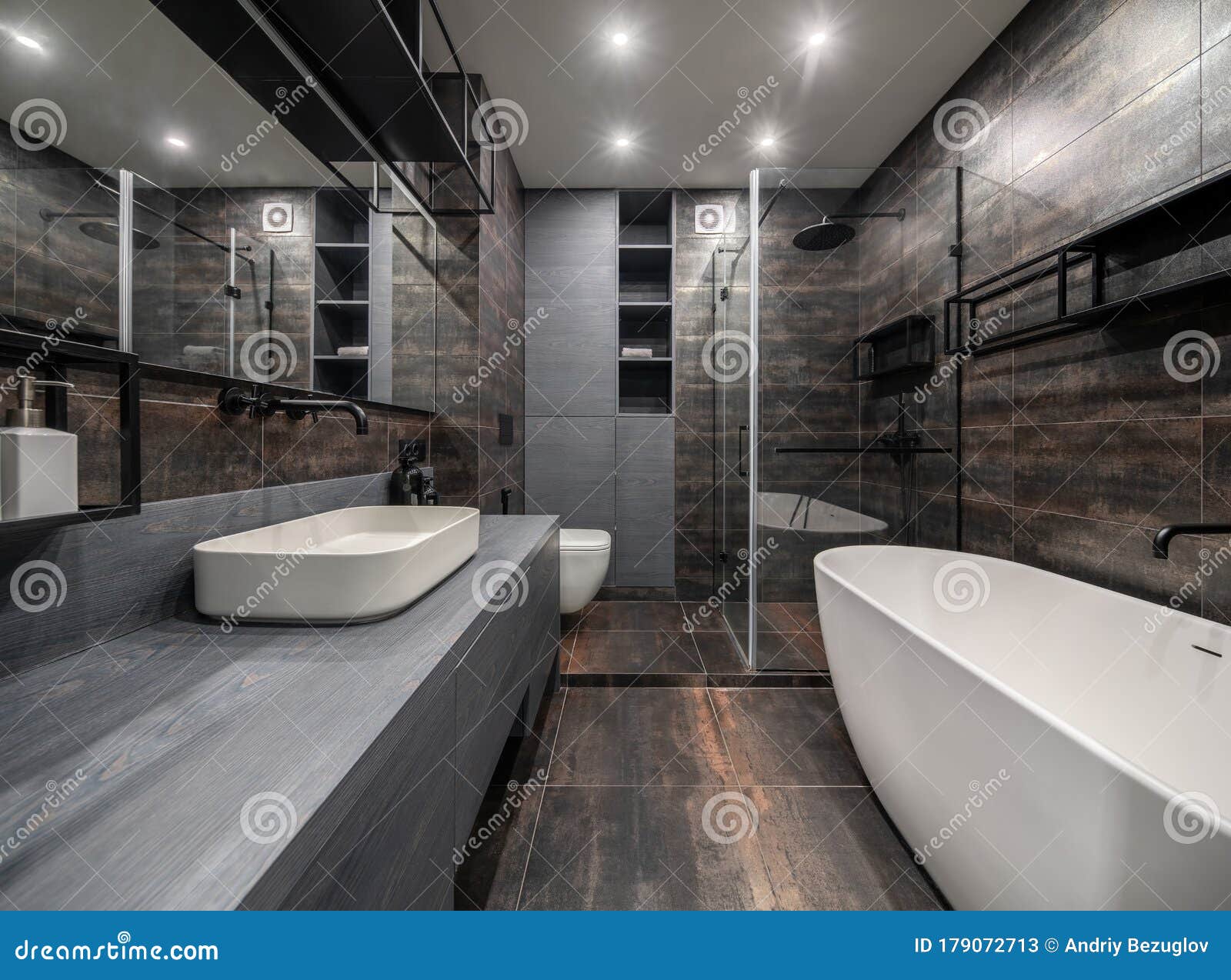 Interior of Luminous Modern Bathroom with Bronze Walls Stock Image ...