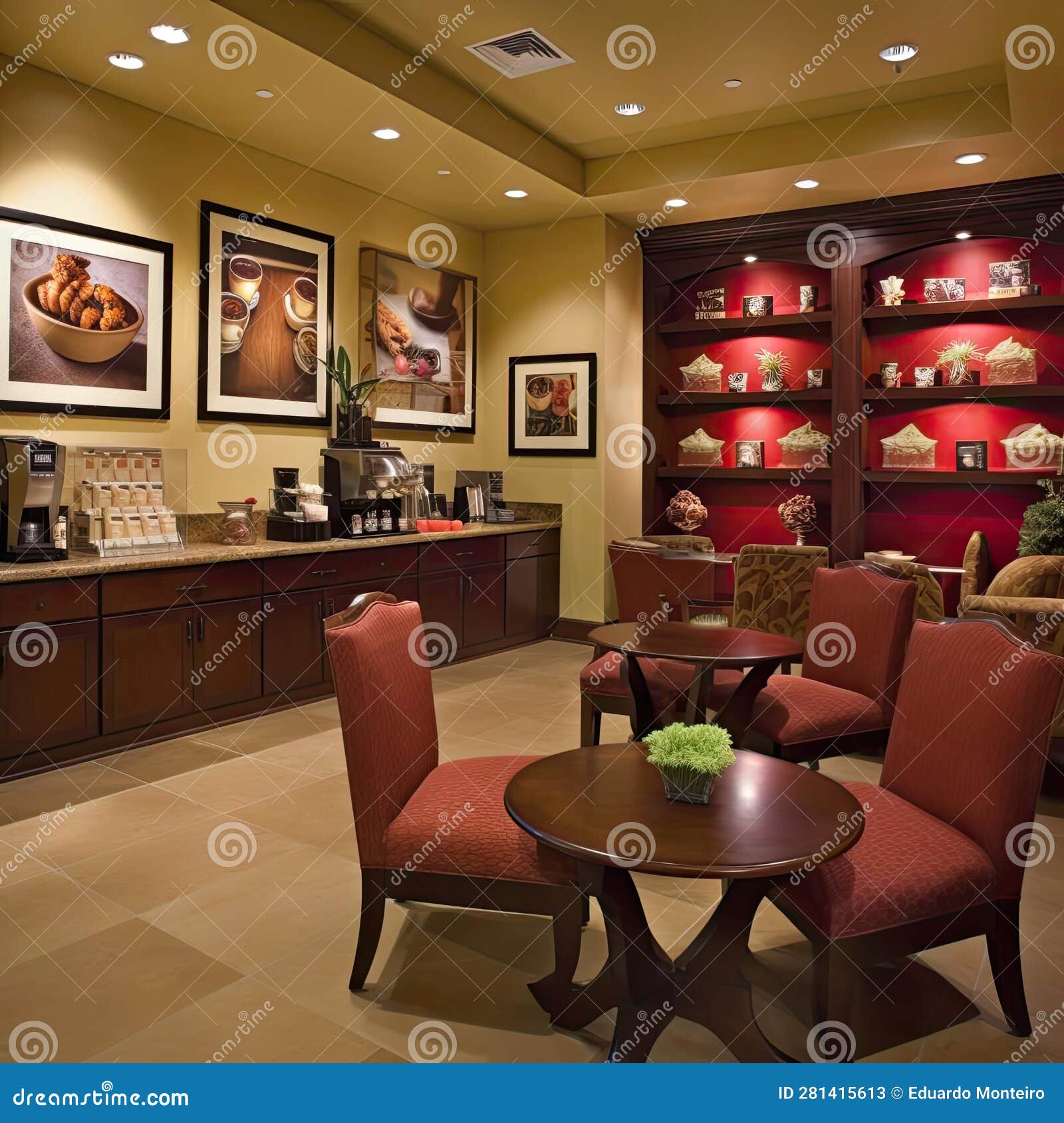 Interior of a Luxury Coffee Shop with Red Armchairs and Tables Stock