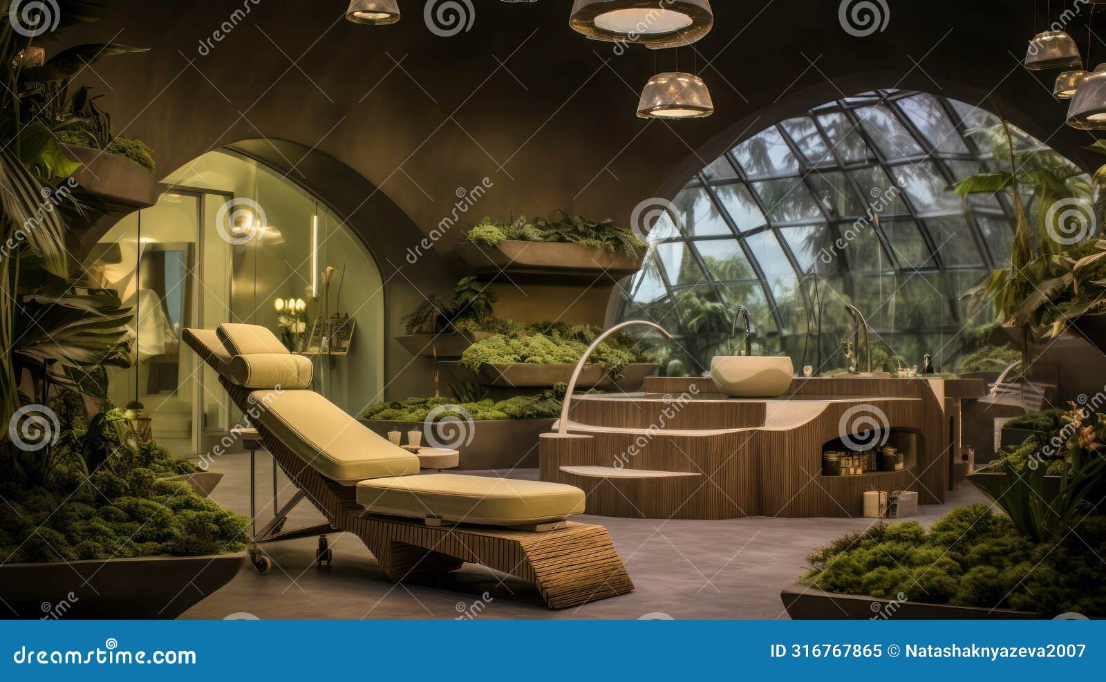interior of luxury spa salon in eco style, treatment area decorated with live plants.