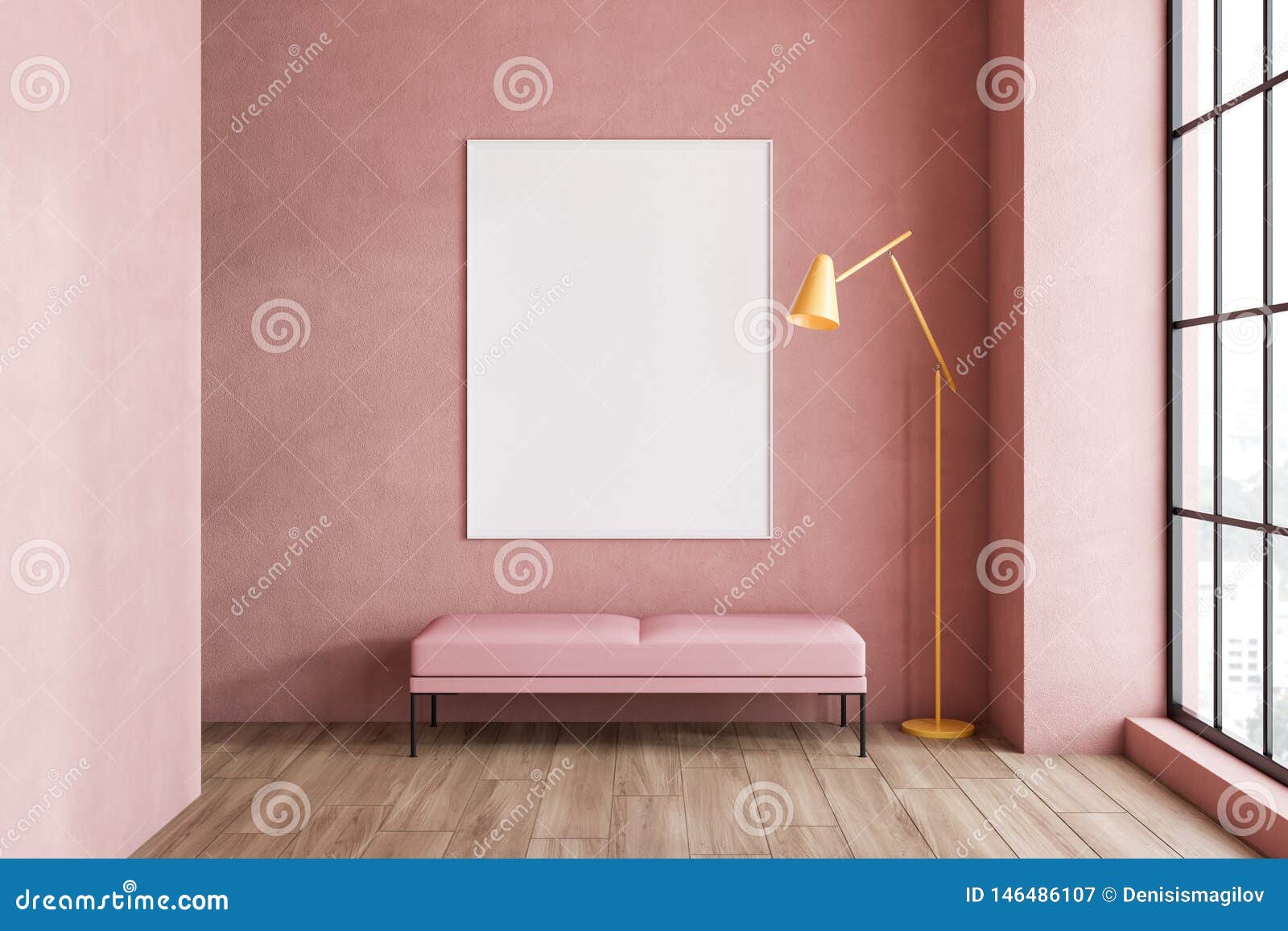 Pink Living Room Bench And Poster Stock Illustration Illustration Of Mock Decor 146486107