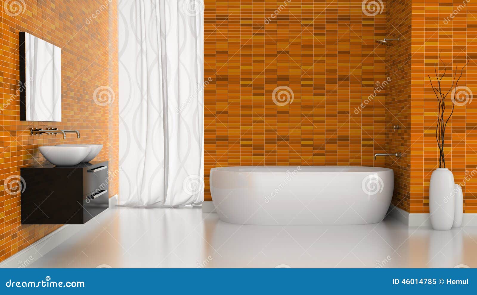 Interior of Modern Bathroom with Orange Tiles Walls Stock Illustration