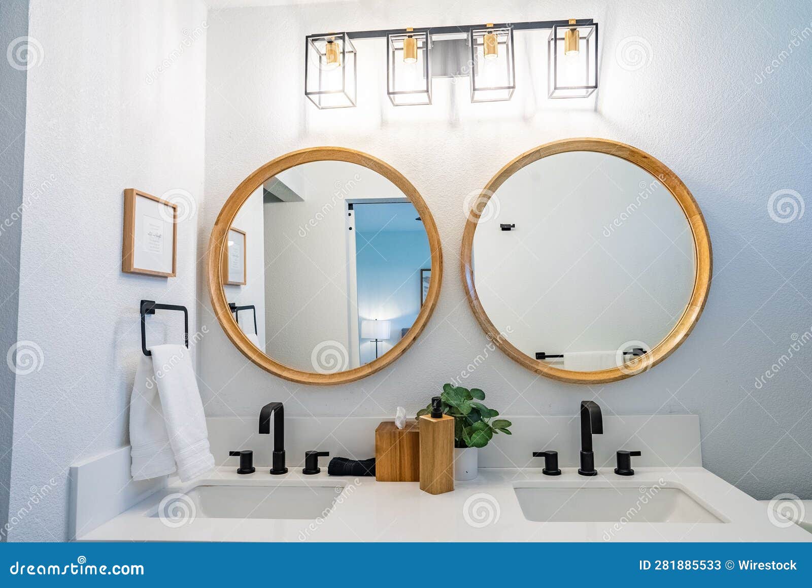 Interior of a Modern Bathroom with Round Mirrors Stock Image Image of