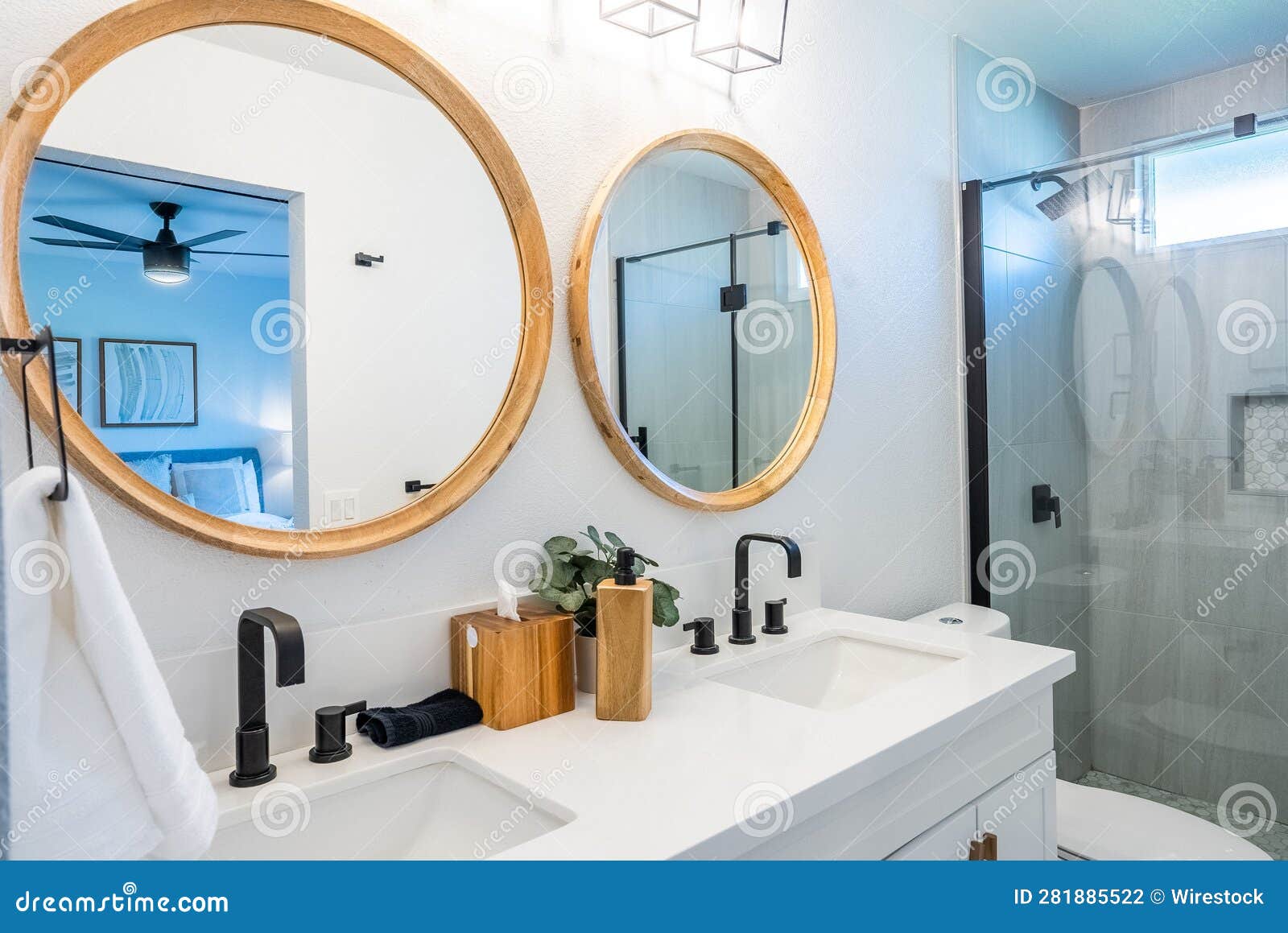 Interior of a Modern Bathroom Interior with Two Round Mirrors Stock