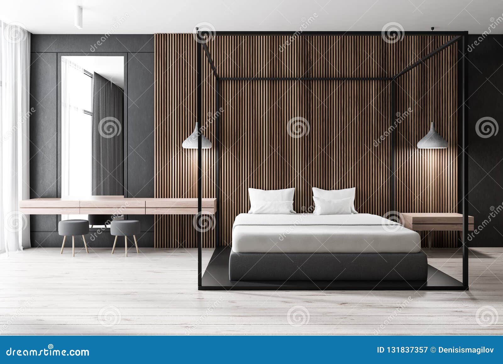 Dark Wooden Bedroom White Bed Stock Illustration