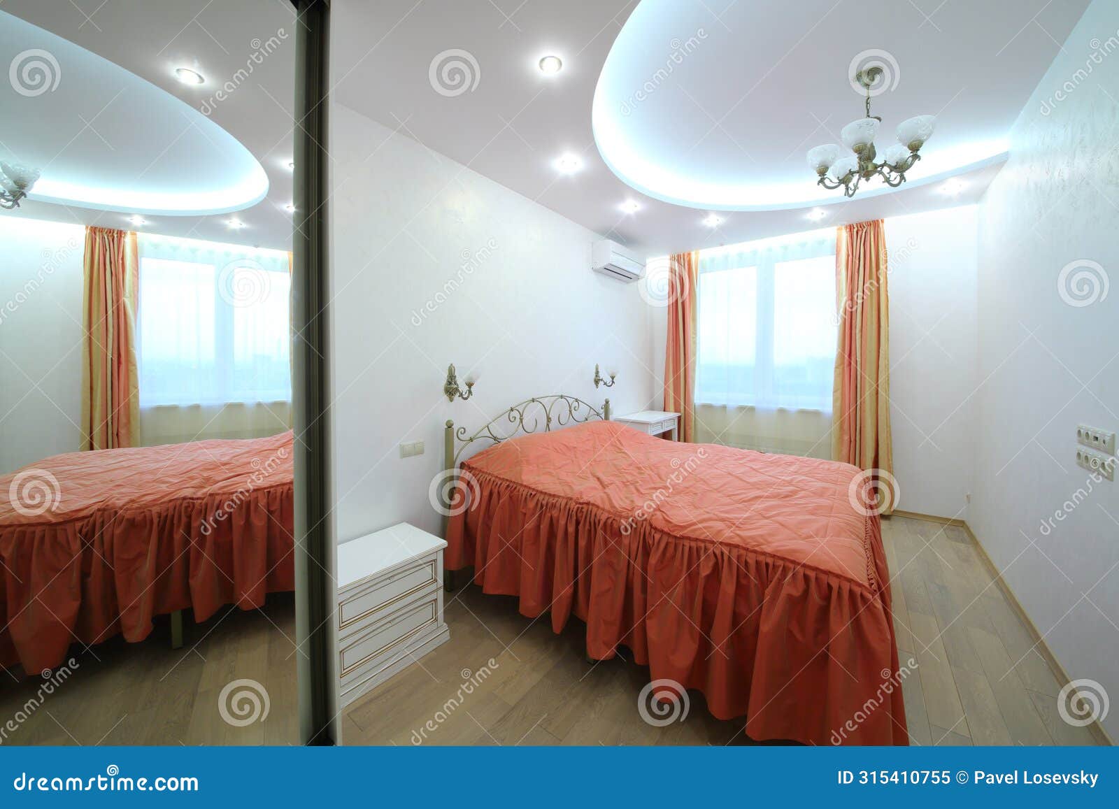 interior modern bedroom with double bed, bedside