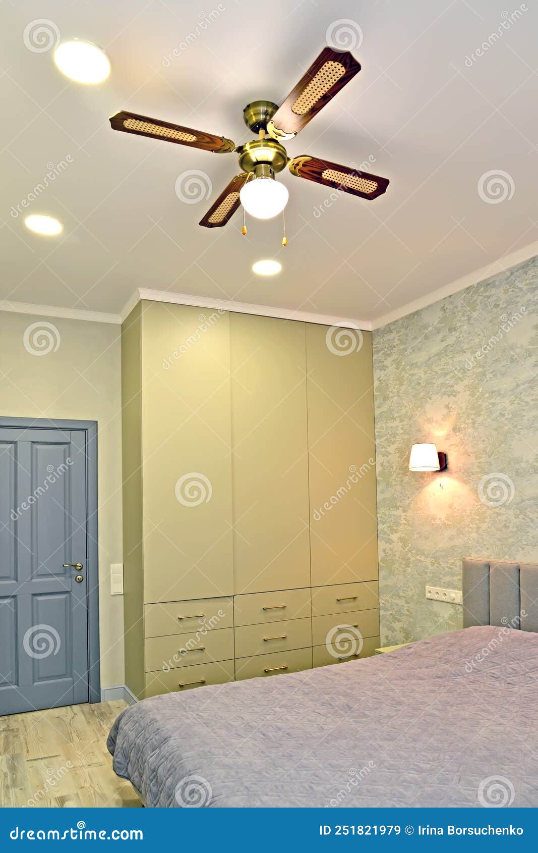 Interior of a Modern Bedroom with a Fan Chandelier on the Ceiling Stock Image - Image of ...