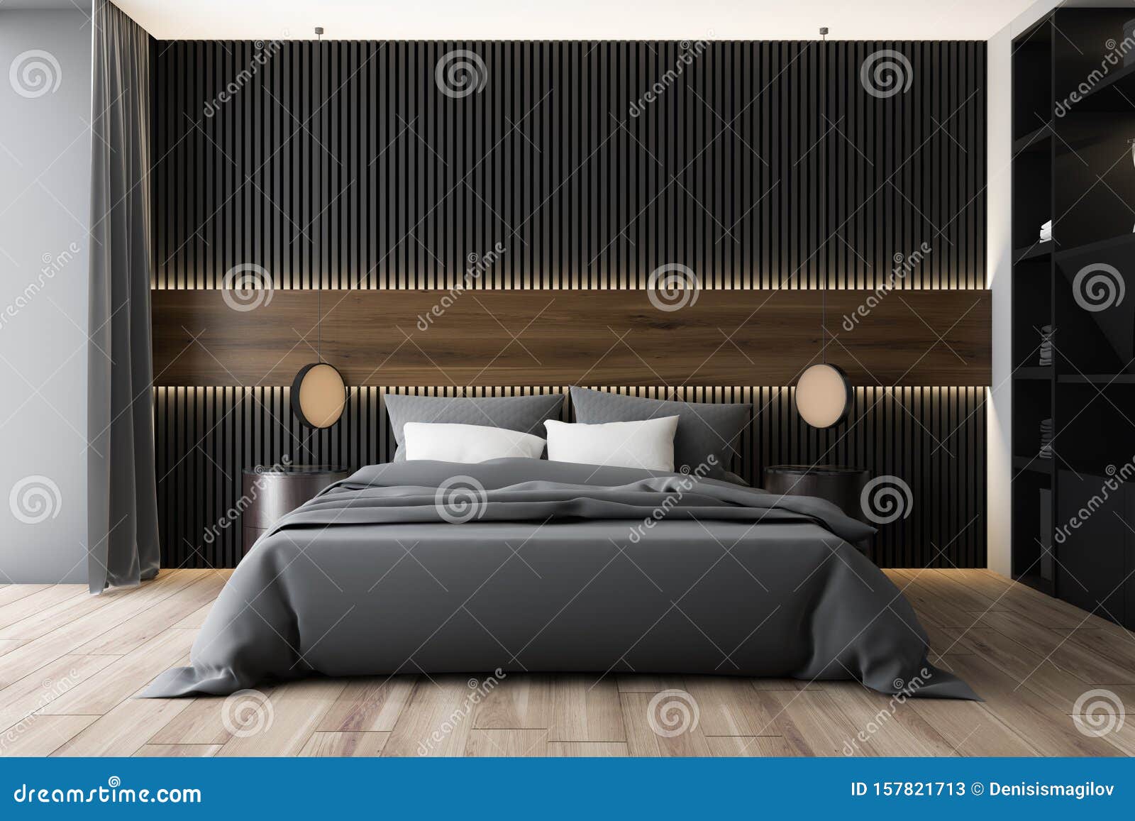Dark Wood And Gray Bedroom Interior Stock Illustration