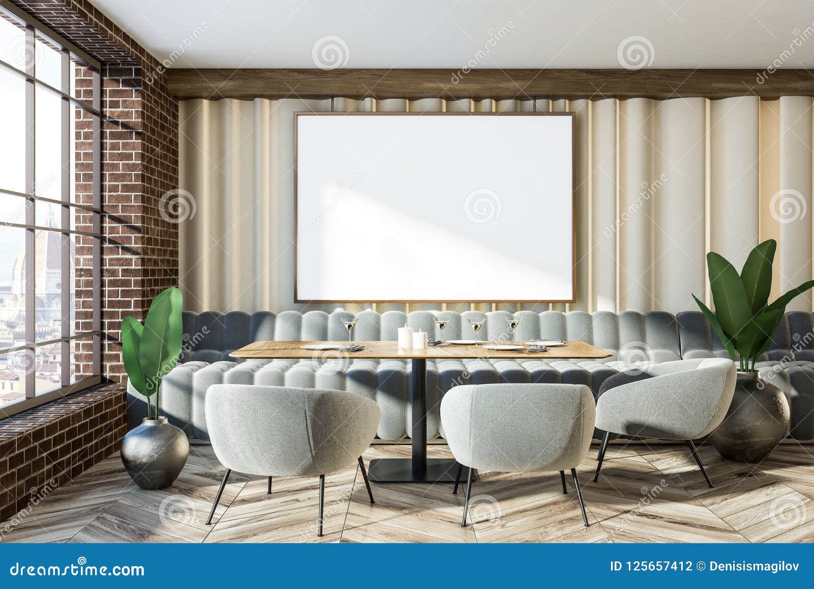 Download Brick Wall Gray Sofas Cafe Interior Mock Up Poster Stock Illustration - Illustration of ...