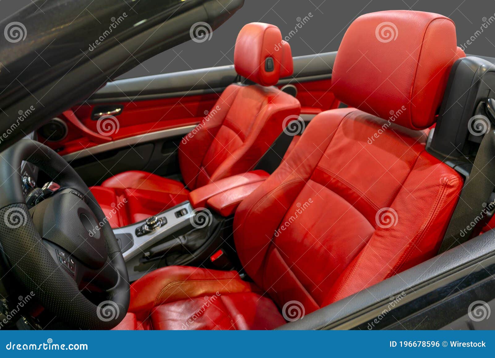Interior of a Modern Convertible Car with Red Leather Seats Stock Photo
